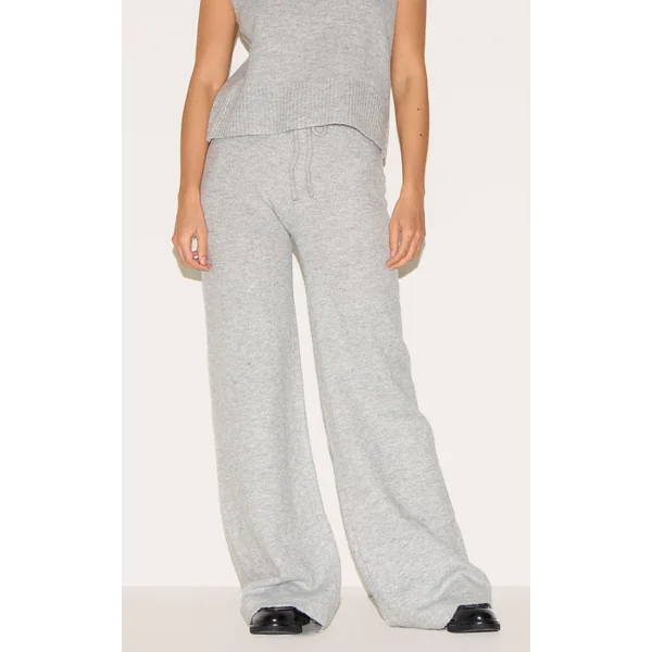 Gris Cendré Pantalon Large En Maille Douce Chiné