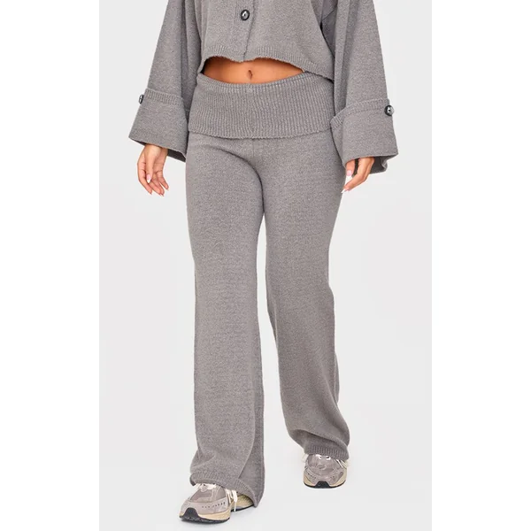 Gris Cendré Pantalon Évasé En Maille À Taille Repliée Petite