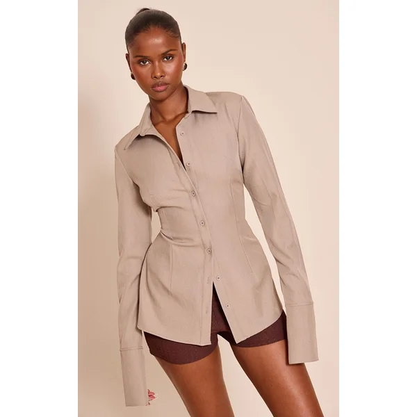 Gris Champignon Chemise Cintrée Tissée À Fines Rayures