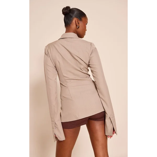 Gris Champignon Chemise Cintrée Tissée À Fines Rayures