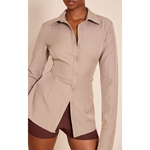 Gris Champignon Chemise Cintrée Tissée À Fines Rayures