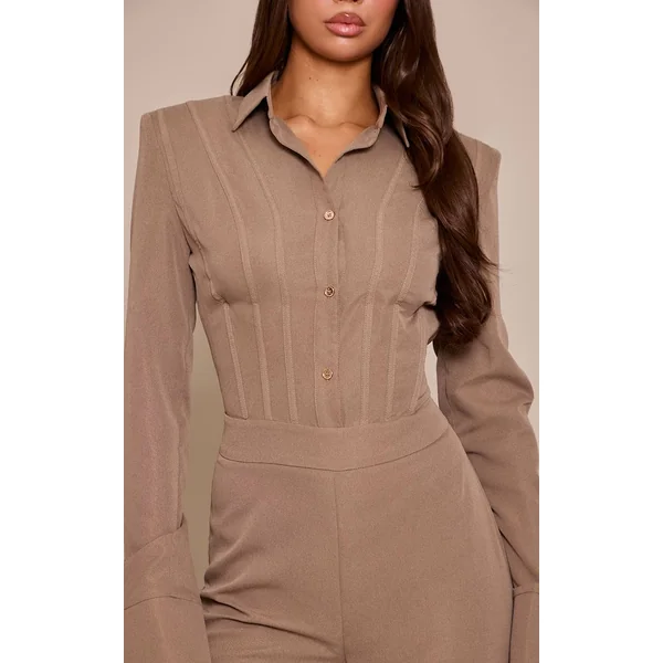 Gris Champignon Combinaison-pantalon Tissée À Manches Longues Avec Détails De Boutons