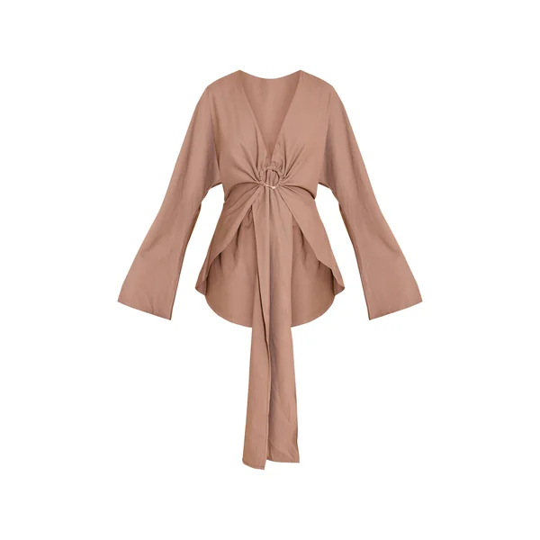Gris Champignon Combinaison-short Drapée À Décolleté Plongeant Avec Détails De Passepoil Tissé