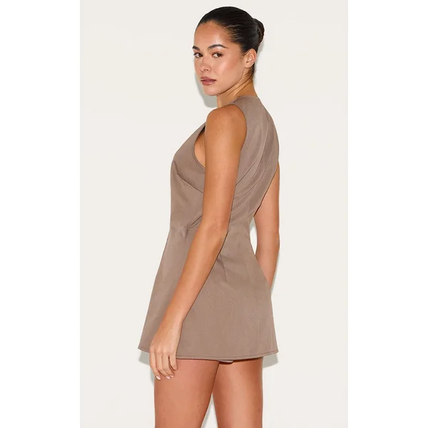 Gris Champignon Combishort Jupe-short Évasée Tissée À Boutonnage Complet