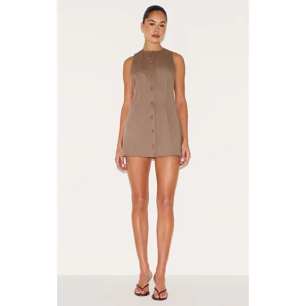 Gris Champignon Combishort Jupe-short Évasée Tissée À Boutonnage Complet
