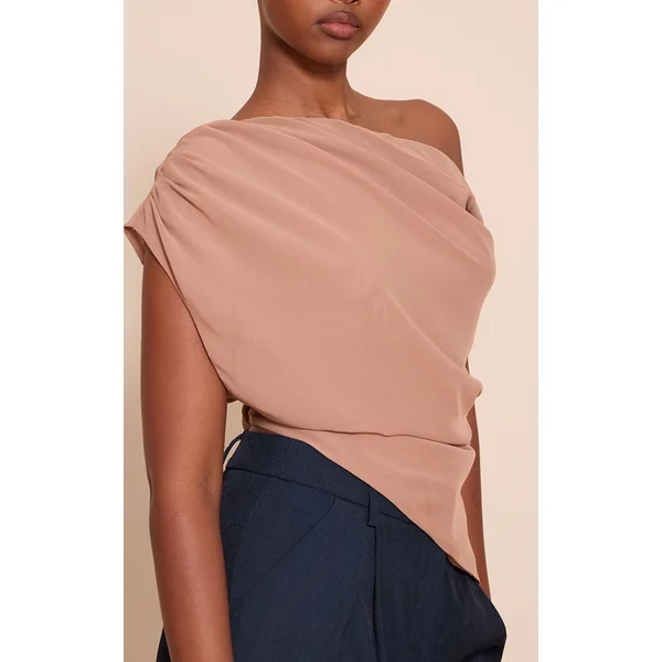 Gris Champignon Haut Long Drapé Asymétrique En Mousseline