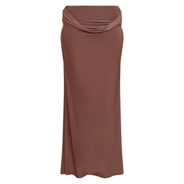 Gris Champignon Jupe Longue Drapée À La Taille En Tissu Slinky Double Épaisseur