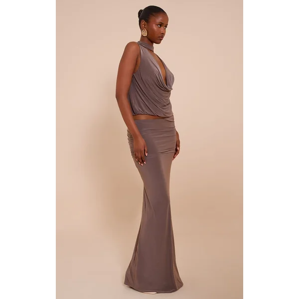 Gris Champignon Jupe Longue Maxi Taille Froncée Double Couche En Tissu Slinky
