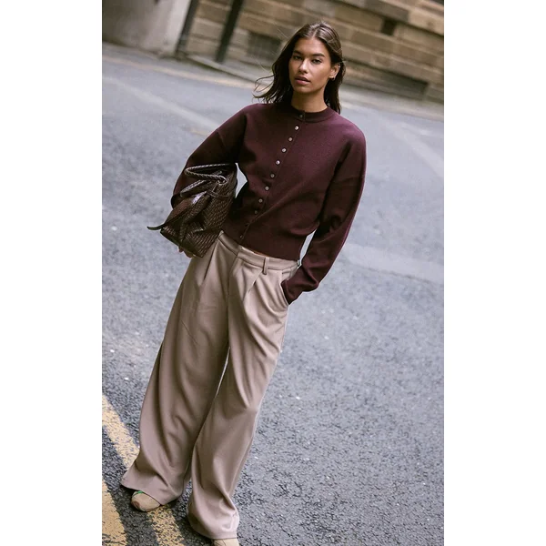 Gris Champignon Pantalon Droit Tailleur En Tissu Brossé