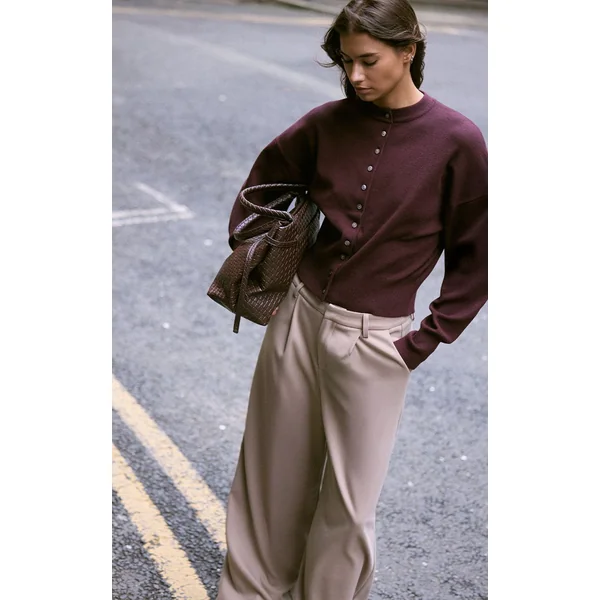 Gris Champignon Pantalon Droit Tailleur En Tissu Brossé