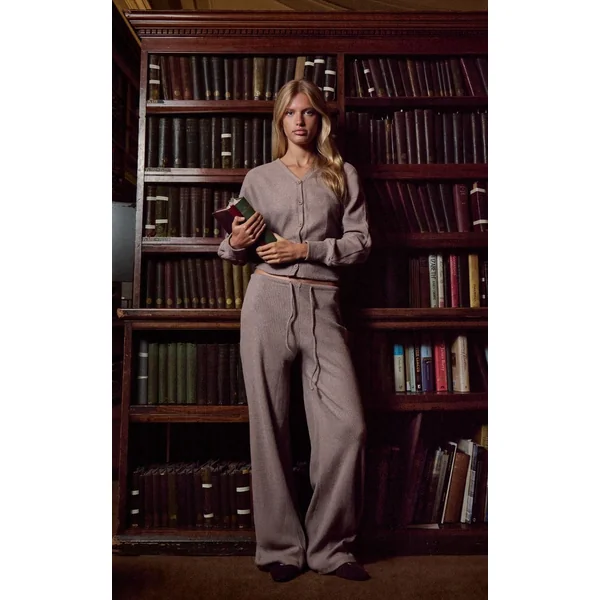 Gris Champignon Pantalon Large Taille Basse Côtelé Doux Ensemble Coordonné