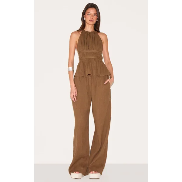 Gris Champignon Pantalon Large Taille Basse En Gaze De Coton