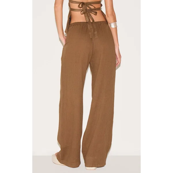 Gris Champignon Pantalon Large Taille Basse En Gaze De Coton