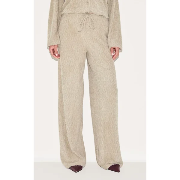Gris Champignon Pantalon Large Texturé À Cordon De Serrage Ensemble Coordonné
