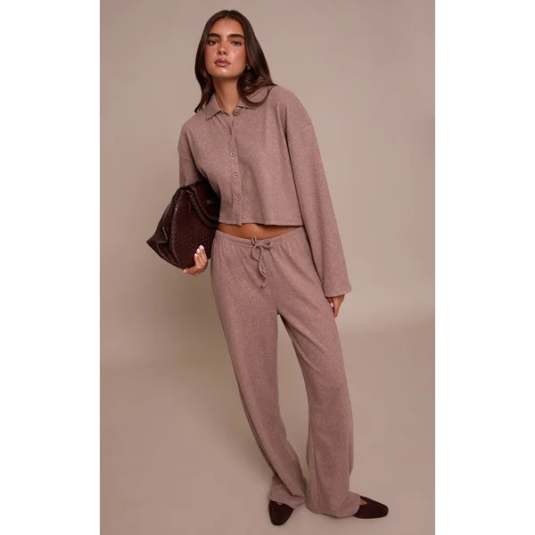 Gris Champignon Pantalon Large À Cordon En Maille Côtelée Brossée Ensemble Coordonné