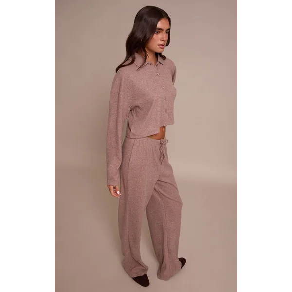 Gris Champignon Pantalon Large À Cordon En Maille Côtelée Brossée Ensemble Coordonné
