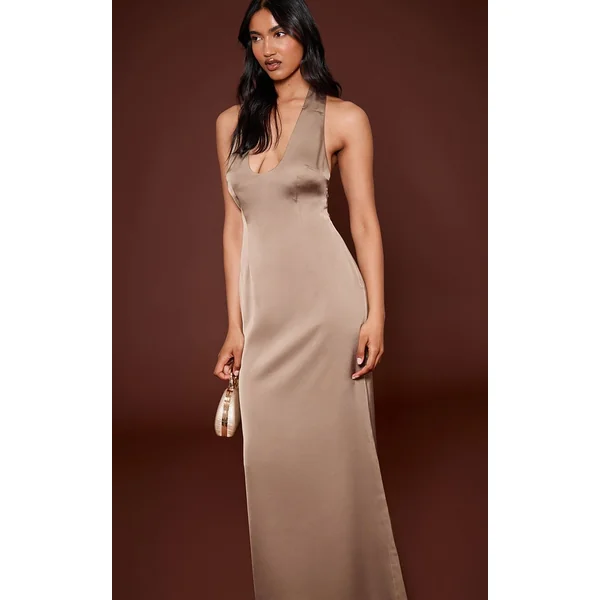Gris Champignon Robe Longue En Satin À Col V Et Dos Échancré