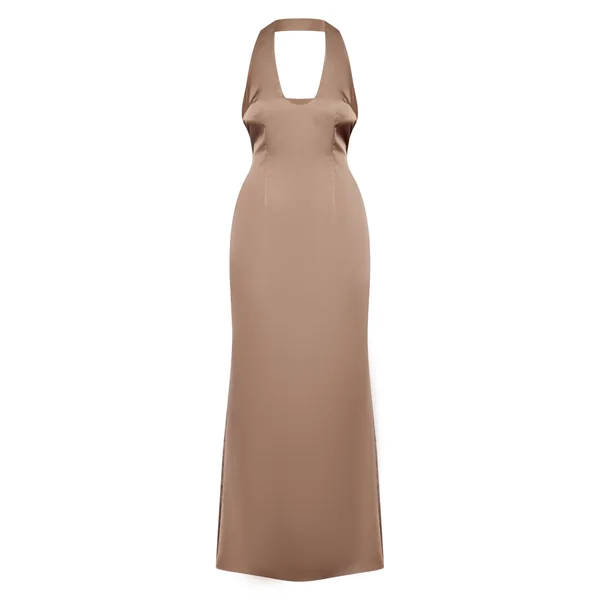 Gris Champignon Robe Longue En Satin À Col V Et Dos Échancré