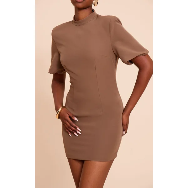 Gris Champignon Robe Mini Cintrée Dos Nu En Tissu Tissé