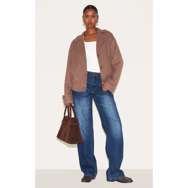 Gris Champignon Veste Bomber Boutonnée Aspect Laine