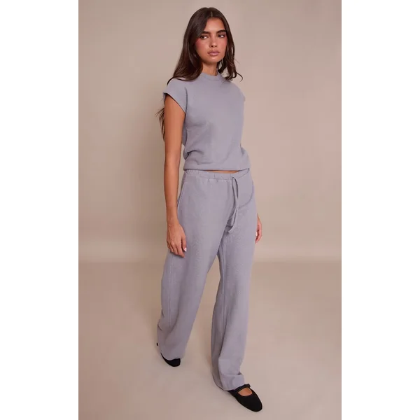 Gris Charbon Pantalon Droit En Maille Côtelée