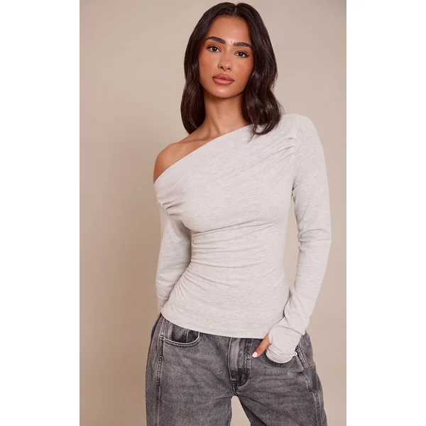 Gris Chiné Haut Petite En Coton Doux À Manches Longues Asymétrique Froncé