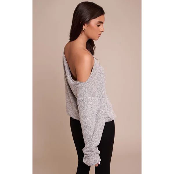 Gris Chiné Haut À Manches Longues En Maille Douce Asymétrique Oversize Décontracté