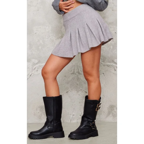 Gris Chiné Mini-jupe Plissée En Maille Douce