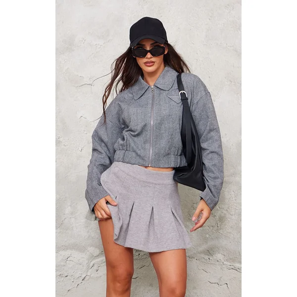 Gris Chiné Mini-jupe Plissée En Maille Douce