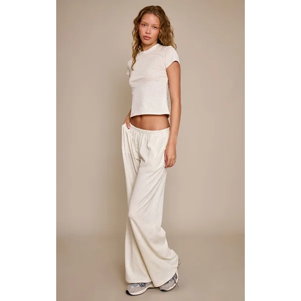 Gris Chiné Pantalon Large Décontracté À Texture Douce Et Jambe Ample