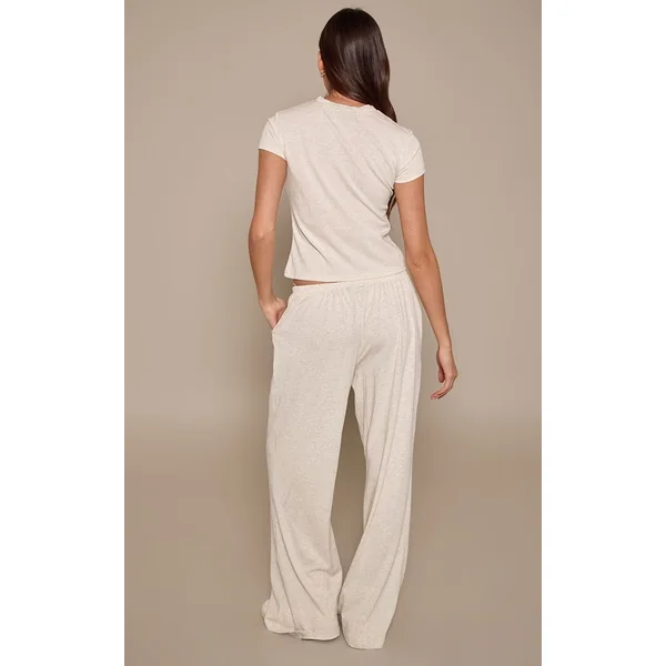 Gris Chiné Pantalon Large Décontracté À Texture Douce Et Jambe Ample