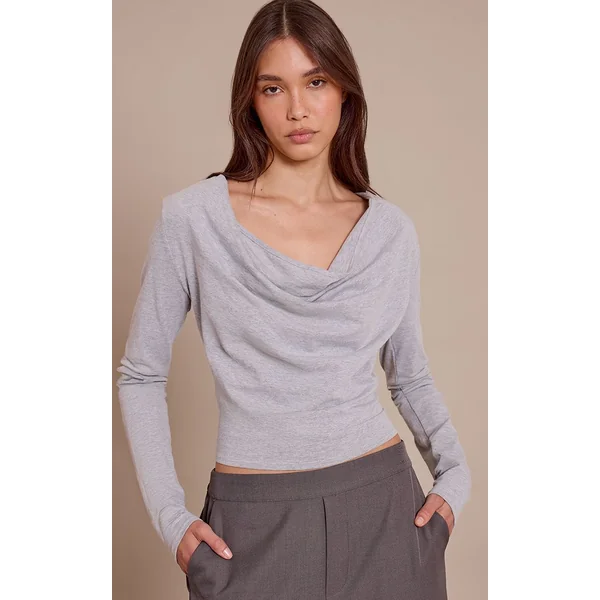 Gris Chiné Top En Coton À Manches Longues Avec Col Bénitier Et Épaulettes