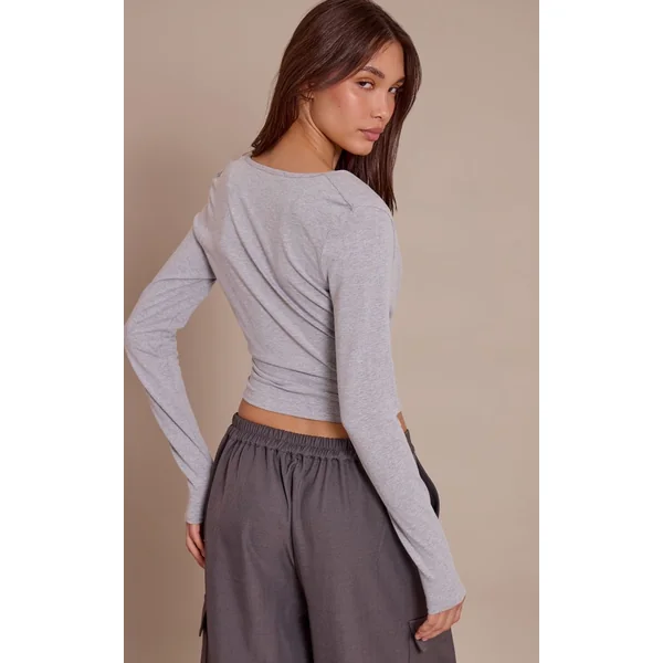 Gris Chiné Top En Coton À Manches Longues Avec Col Bénitier Et Épaulettes