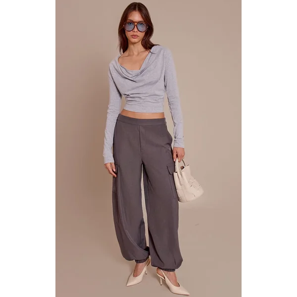 Gris Chiné Top En Coton À Manches Longues Avec Col Bénitier Et Épaulettes