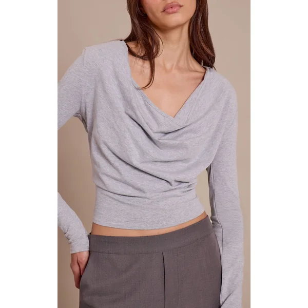 Gris Chiné Top En Coton À Manches Longues Avec Col Bénitier Et Épaulettes