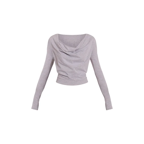 Gris Chiné Top En Coton À Manches Longues Avec Col Bénitier Et Épaulettes
