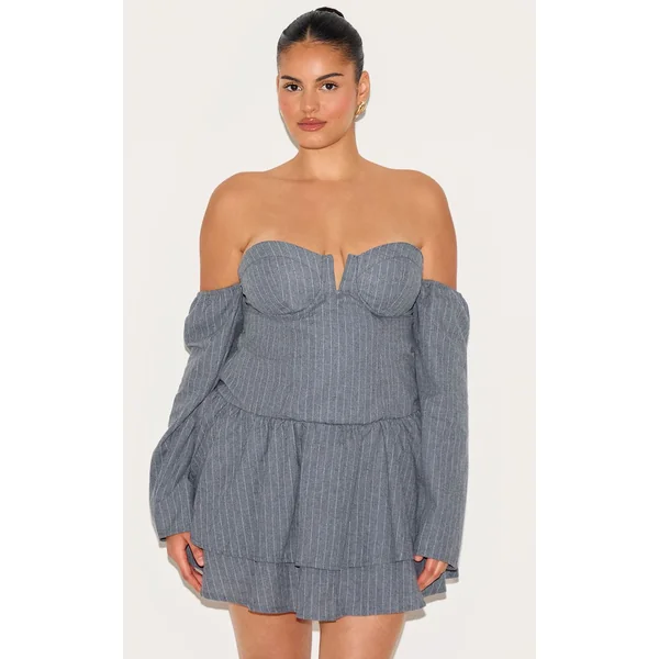 Gris Clair Robe Droite Bardot À Rayures Fines Avec Détail Bonnets Grande Taille