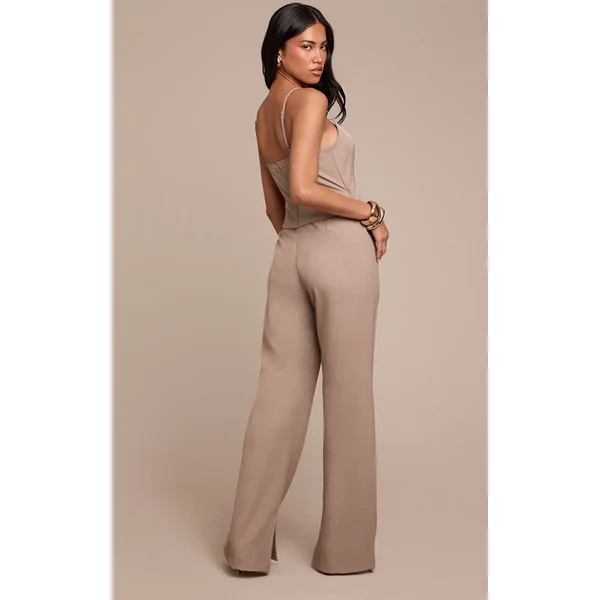 Gris Combinaison Pantalon Droite Ajustée En Tissu Tissé Avec Détails Boutonnés