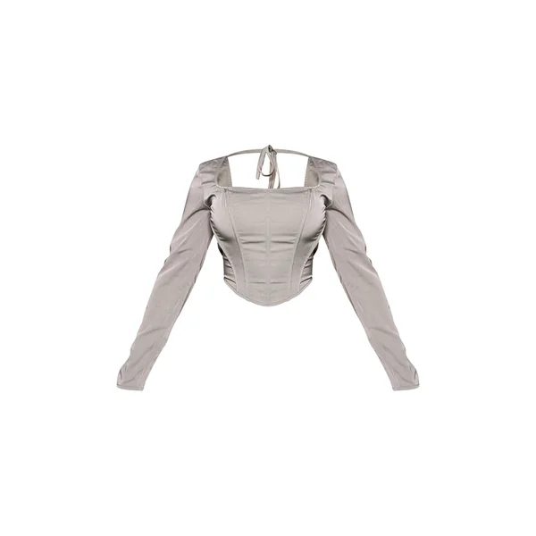Gris Corset À Manches Longues En Tissu Tissé Avec Détails De Baleines Sculptants