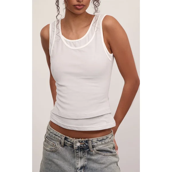 Gris Débardeur Extensible Doux À Détails Contrastés