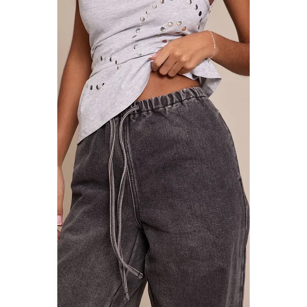 Gris Délavé Jean Large Taille Haute Élastiquée Avec Lien En Denim Petite