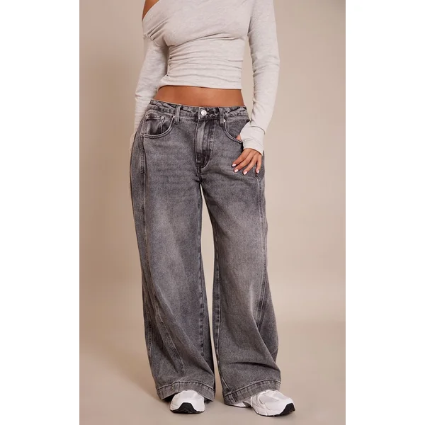 Gris Délavé Jean Large À Détails Plissés Latéraux En Denim Petite