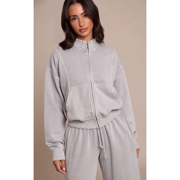 Gris Délavé Sweat-shirt Petite À Col Cheminée Et Fermeture Éclair