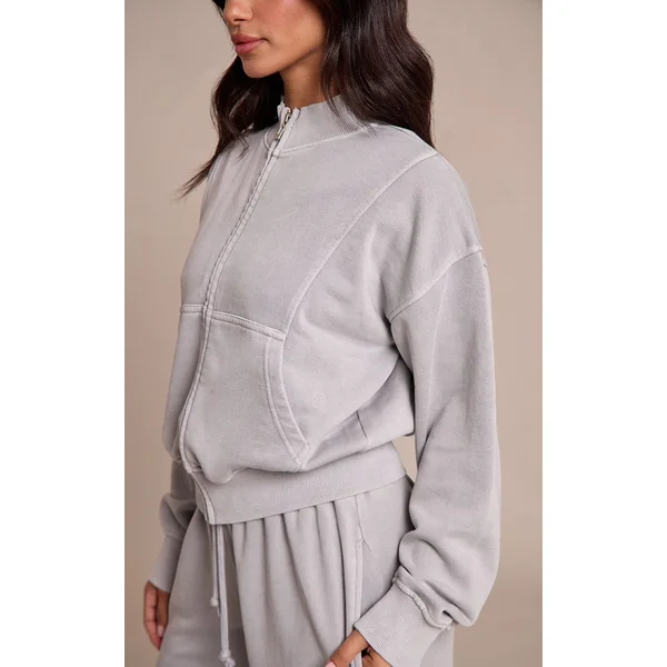 Gris Délavé Sweat-shirt Petite À Col Cheminée Et Fermeture Éclair