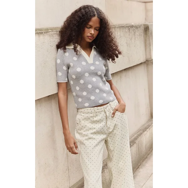 Gris Haut Polo En Maille Jacquard À Pois