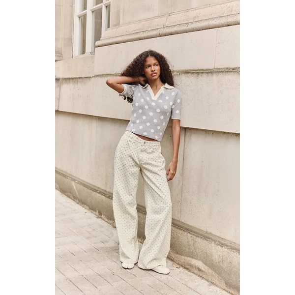 Gris Haut Polo En Maille Jacquard À Pois