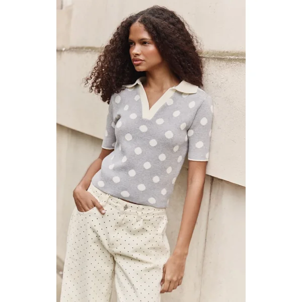 Gris Haut Polo En Maille Jacquard À Pois