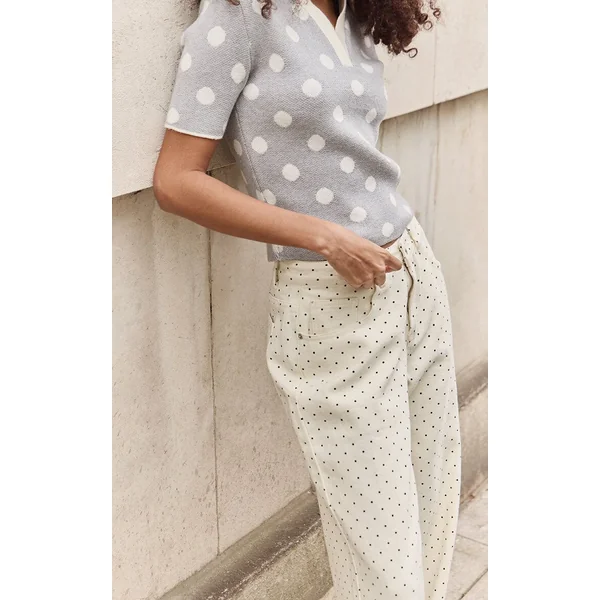 Gris Haut Polo En Maille Jacquard À Pois