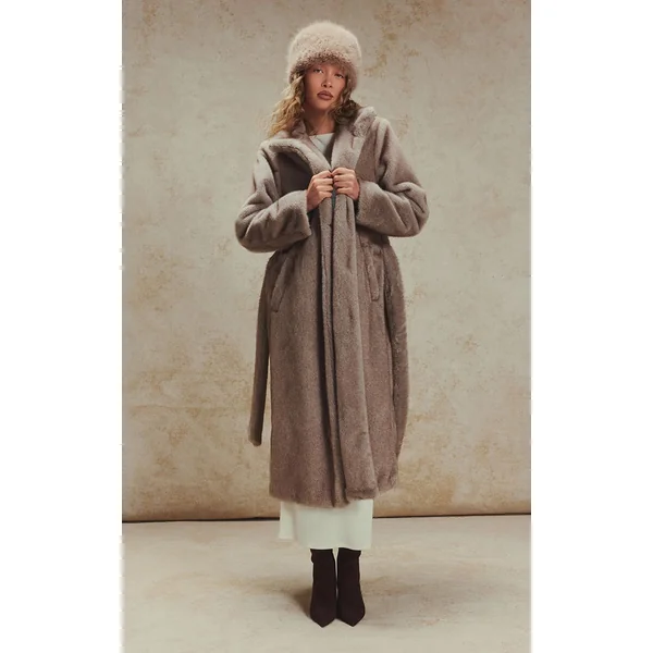 Gris Manteau Long Col Montant En Synthétique