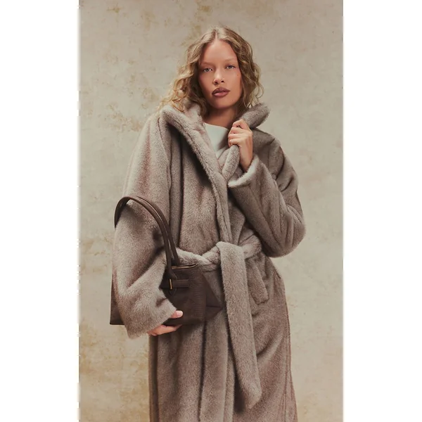 Gris Manteau Long Col Montant En Synthétique